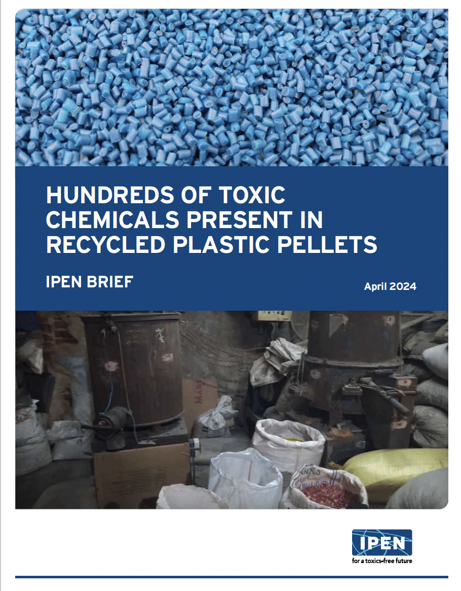 report cover: blue plastic pellets and photo of dirty recycling facility